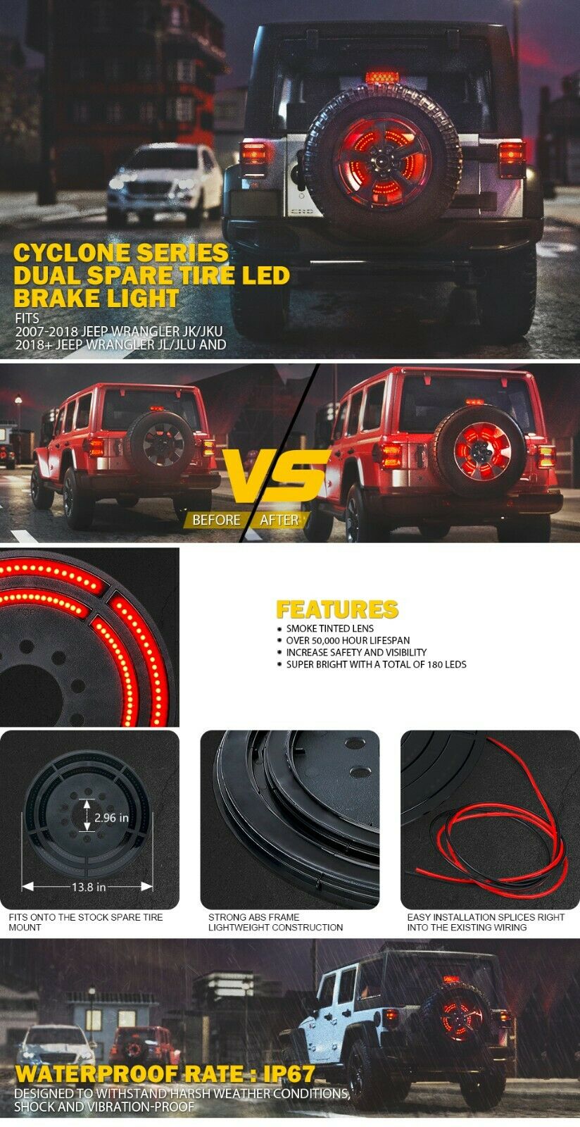 14&quot; Cyclone Series Dual Spare Tire LED Brake Light For 2007-2018 Jeep Wrangler JK &amp; 2018+ JL Brake Lights 