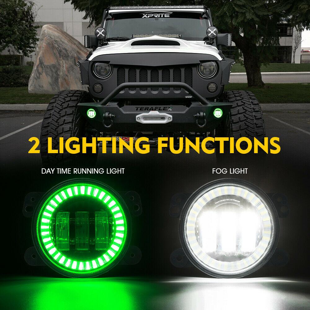 4" Adventure Series 60W CREE LED Fog Lights Halo Ring DRL for JK/JL/JT - Green Fog Lights 