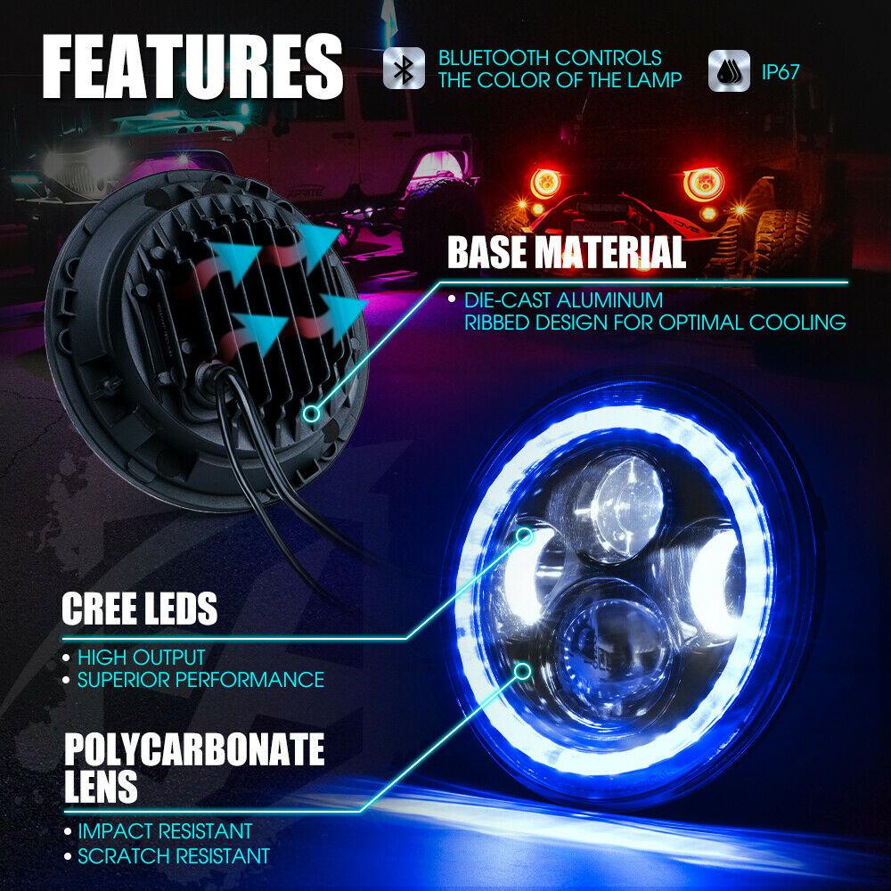 7" 90W CREE LED Headlights With RGB Halo For 1997-2018 Jeep Wrangler JK Head Lights 