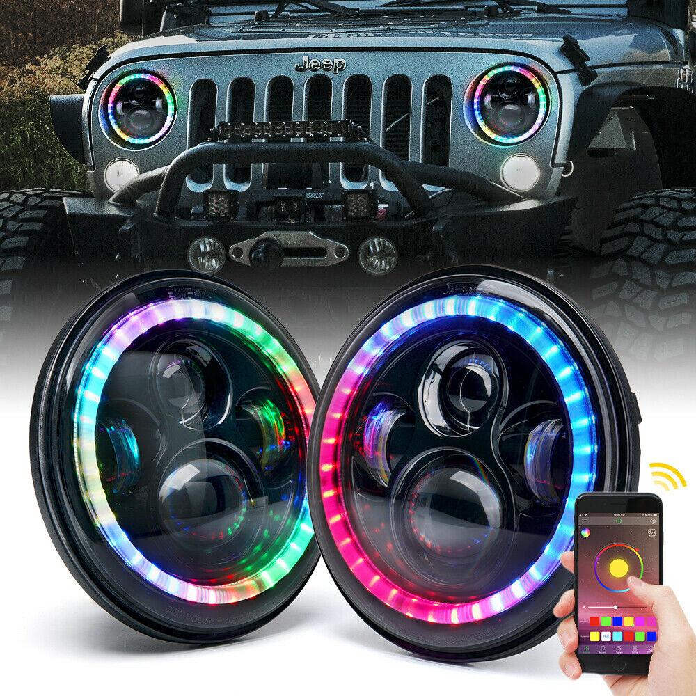 7&quot; 90W Exhibit Series CREE LED Headlights With RGB Dancing Halo For 1997-2018 Jeep Wrangler TJ JK Head Lights 