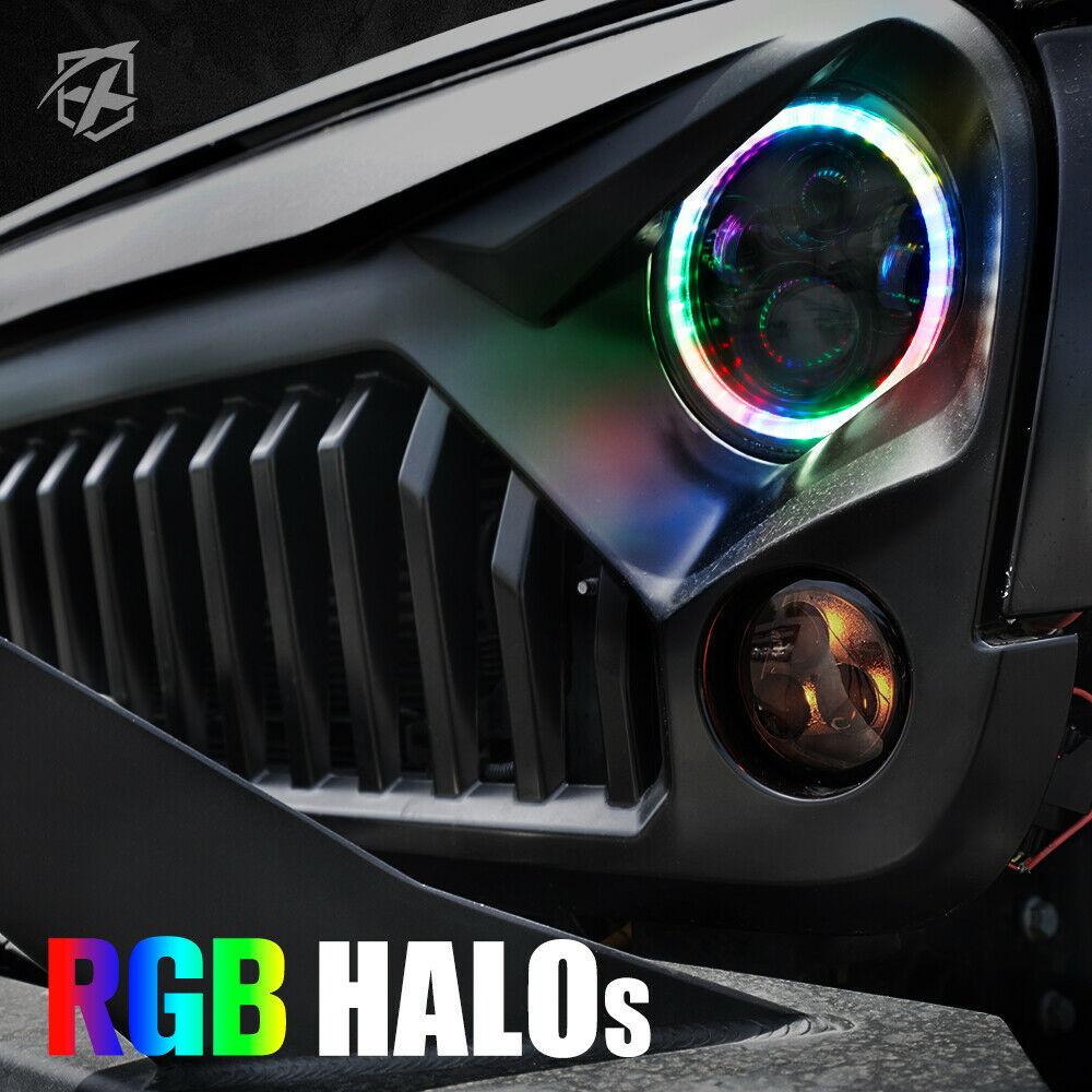 7&quot; 90W Exhibit Series CREE LED Headlights With RGB Dancing Halo For 1997-2018 Jeep Wrangler TJ JK Head Lights 
