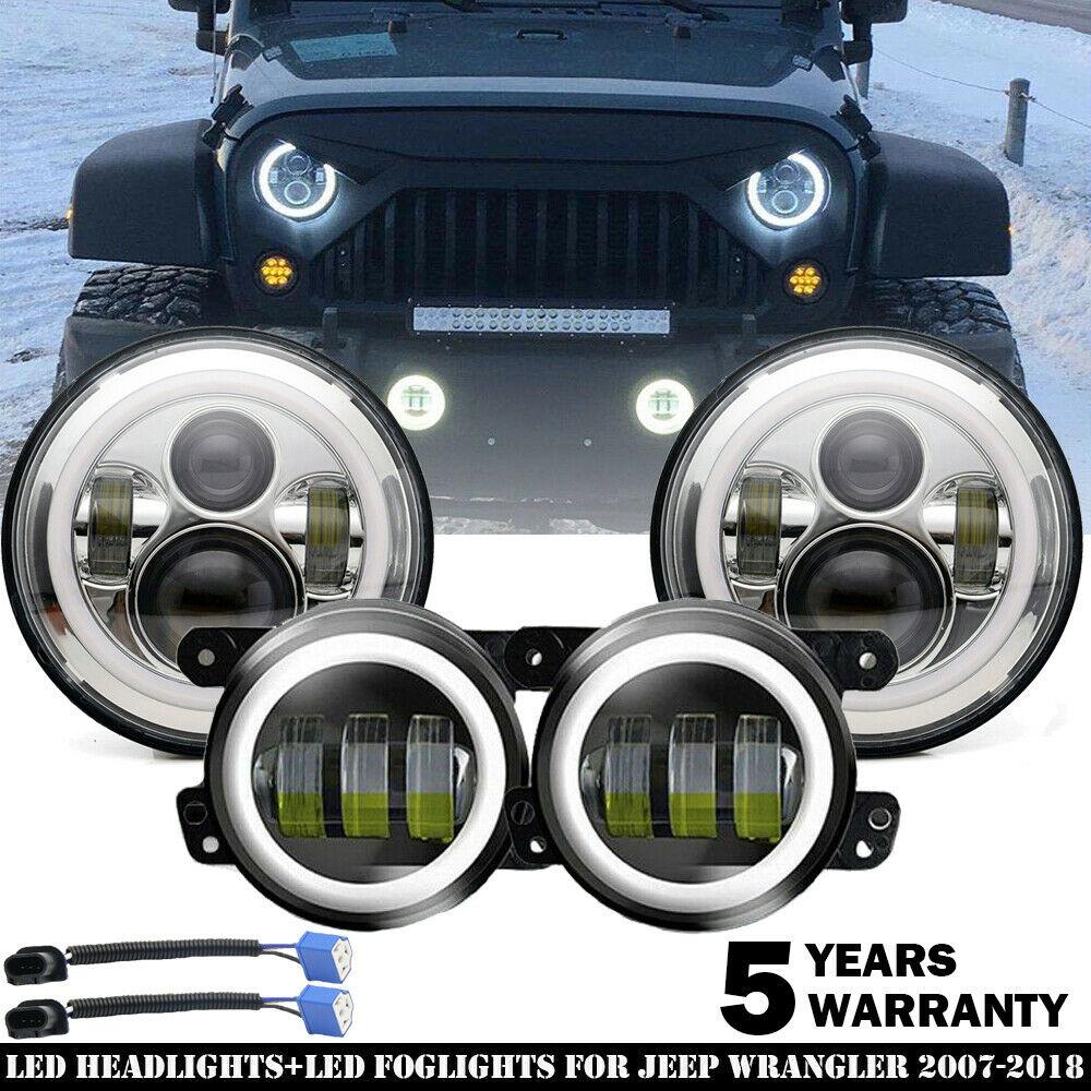 7&quot; Headlights + 4&quot; LED Halo Fog Light Super White Combo Kit For Jeep Wrangler JK 2007-2018 Head &amp; Fog Lights Sets 