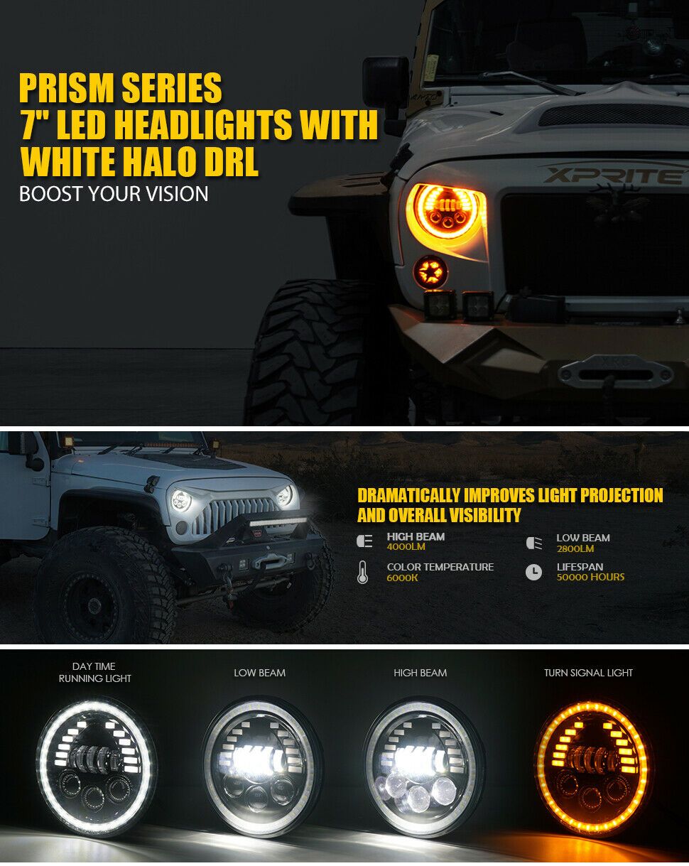 7&quot; Prism Series 85W LED Headlights With DRL For 1997-2018 Jeep Wrangler TJ JK Head Lights 